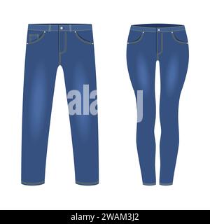 Dunkelblaue Jeanshose für Herren und Damen auf weißem Hintergrund. Trendige Mode Jeans Freizeitkleidung, Jeans Outfit Kleidung Models. Vektor Stock Vektor