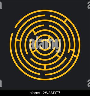Runde Labyrinth-Spiel. Labyrinth Kreis lustiges Puzzle isoliert auf schwarzem Hintergrund. Rätsel-Logik-Spielkonzept. Vektorabbildung Stock Vektor