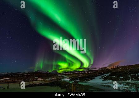 Aurora Borealis über Norwegens Sommaroy-Halbinsel im März Stockfoto