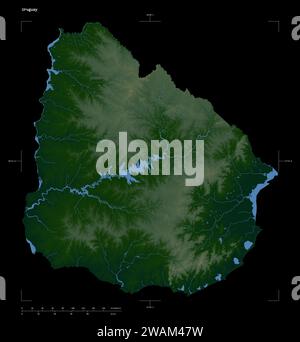 Form einer farbigen Höhenkarte mit Seen und Flüssen des Uruguay, mit Entfernungsskala und Kartengrenzkoordinaten, isoliert auf Schwarz Stockfoto