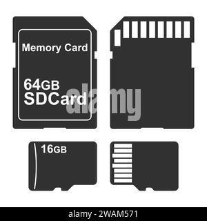 Symbol für SD- und Micro-SD-Speicherkarte auf weißem Hintergrund isoliert. Vektorabbildung Stock Vektor