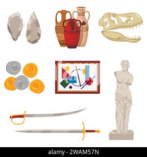 Museum Set Exponate Pod und Werkzeuge Ikonen aus verschiedenen historischen Epochen: Steinwerkzeuge, alte Amphoren, Dinosaurierschädel, alte Münzen, Bild, Schwerter und Stab Stock Vektor