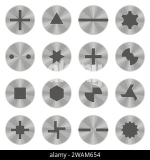 Kopfschraube und Schraubensatz isoliert auf weißem Hintergrund. Draufsicht mit Metallgewinde, Geräte für Arbeit und Industrie. Vektorabbildung Stock Vektor