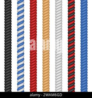 Set aus verschiedenen bunten Seilen isoliert auf weißem Hintergrund. Nautisches gedrehtes Seilgarn im flachen Cartoon-Stil. Vektorabbildung Stock Vektor