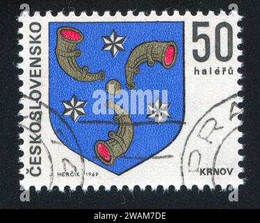 TSCHECHOSLOWAKEI - UM 1969: Stempel gedruckt von der Tschechoslowakei, zeigt Wappen von Krnov, um 1969 Stockfoto