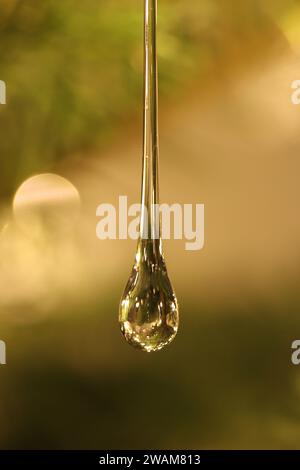 Nahaufnahme eines Glastropfens vor verschwommenem Hintergrund Stockfoto