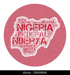 Nigeria Vektorbild. Country Round-Logo-Design. Nigeria-Poster in kreisförmigen Bögen und Wortwolken-Stil. Illustration des kühlen Vektors. Stock Vektor