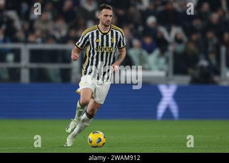 Turin, Italien. Januar 2024. Federico Gatti von Juventus während des Coppa Italia Spiels im Allianz Stadium in Turin. Der Bildnachweis sollte lauten: Jonathan Moscrop/Sportimage Credit: Sportimage Ltd/Alamy Live News Stockfoto