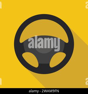 Lenkradsymbol isoliert auf gelbem Hintergrund. Silhouette der Radsteuerung im Auto, Schwarzes Auto-Teil fährt flach. Vektorabbildung Stock Vektor