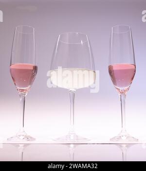 Weiß- und rosa Wein in Gläsern zur Verkostung mit Freunden. Heller Hintergrund Stockfoto