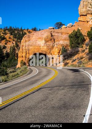 Scheinbar verzauberter Bogen über der Straße, der in die roten Kalksteine des roten Canyons am Scenic Byway 12 in Utah geschnitten ist. Stockfoto