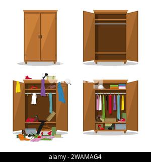 Schließen und öffnen Sie den Kleiderschrank, vor der Unaufgeräumten und nach der ordentlichen Garderobe mit Sauerkleidung. Kleiderschrank mit Kleidung, Kleidern, Hemden, Kisten und Schuhen. Natur mit Stock Vektor