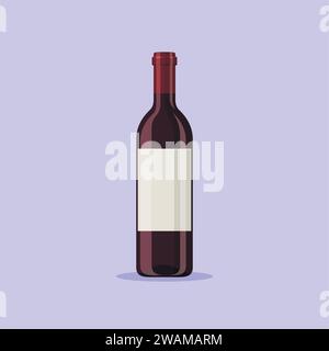Vektorillustration einer Rotweinflasche isoliert auf blauem Hintergrund. Alkoholisches Getränk in flacher Cartoon-Stil. Stock Vektor