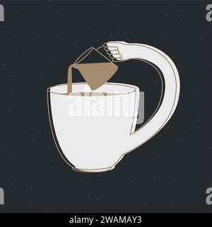 Die Tasse gießt Milch in sich selbst und zeichnet in Zeichentrickstil mit flacher Linie auf schwarzem Hintergrund Stock Vektor