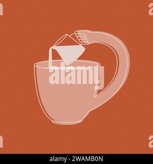 Tasse gießt Milch in sich selbst und zeichnet in Zeichentrickstil mit flacher Linie auf Senfhintergrund Stock Vektor