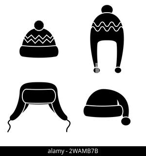 Winterhüte setzen schwarze Symbole auf weißen Hintergrund. Strickkopfbekleidung und Kappen für kaltes Wetter. Outdoor-Bekleidung. Vektorabbildung. Stock Vektor