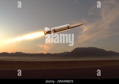 Militärraketen fliegen vor einem Hintergrund von Bergen und Wüste, Rauch und Feuer. Konzept: Raketenangriff bei Sonnenaufgang, Präventivschlag, Krieg in der Stockfoto