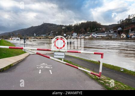 Moselflut, Trier in Rheinland-Pfalz, überflutete Wege, Hochwasser, Klimawandel Stockfoto