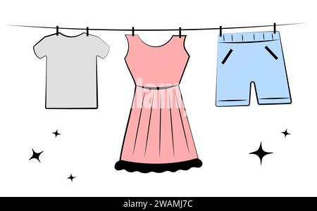 Die Kleidung wird nach dem Waschen getrocknet Stock Vektor