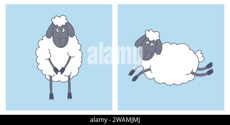 Flacher Vektor niedliche lustige Schafe - stehend und fliegt. Zeichentrickfigur Schafe. Vektorabbildung Stock Vektor