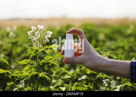 Probleme und Lösung der Gartensaison. Zugeschnittene Fotohand des Bauern hält weiße Flasche mit Modell für Gift, Pestizidflüssigkeit von Pflanzenkrankheiten und Stockfoto