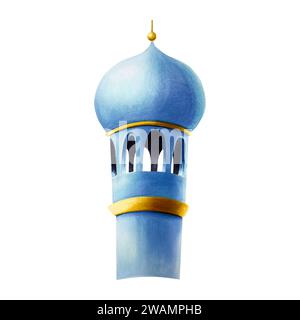 Aquarell islamische Minarettillustration isoliert auf weißem Hintergrund. Muslimische handgezeichnete Feiertage Ramadan Kareem oder Eid Al Adha 2024. Für Designer, Pri Stockfoto