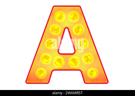 Glühlampe Buchstabe A, leuchtende Retro-Schriftart. 3D-Rendering isoliert auf weißem Hintergrund Stockfoto