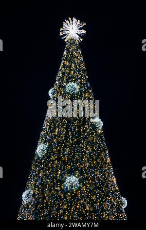 Latina, Italien. Januar 2024. Der Weihnachtsbaum, der während der Weihnachtszeit auf der Piazza del Popolo in Latina mit Weihnachtslichtern geschmückt ist. Hunderte jubelnde Kinder und Erwachsene begrüßten die Befana, die anlässlich der Epiphanienfeier in Latina vom Turm des Rathauses abstieg. Quelle: ZUMA Press, Inc./Alamy Live News Stockfoto