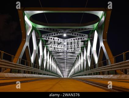 Metallbrücke über die Donau mit einer Straßenbahnlinie, speziellen Fußgänger- und Radwegen, vom Eingang aus gesehen Stockfoto