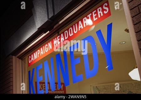 John F. Kennedy Presidential Library Boston, Massachusetts – Eine Nachbildung des Kennedy 1960 Campaign Headquarters. Stockfoto