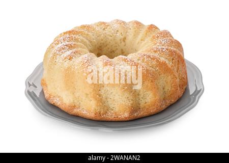 Köstlicher frisch gebackener Biskuitkuchen isoliert auf weiß Stockfoto