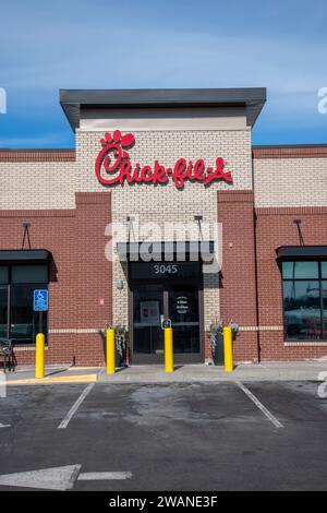 Maplewood, Minnesota. Chick-Fil-A. Chick-Fil-A ist eine amerikanische Fast-Food-Restaurantkette, die sich auf Hühnchen-Sandwiches spezialisiert hat. Stockfoto