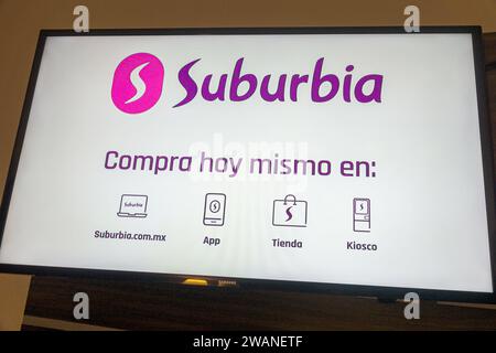 Merida Mexico, Centro Historico Central Historico, zentrales historisches Viertel, tv Kabel tv Monitor Bildschirm, kommerzielle Werbung, kaufen suburbia.com.mx,app Web-sit Stockfoto