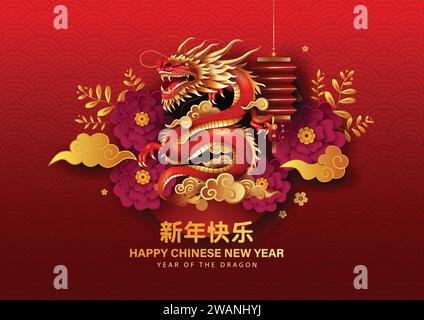 Glückliches chinesisches Neujahr 2024 Sternzeichen des Drachen mit Blume 3d Buchstabe. Abstraktes Vektor-Illustrationsdesign (Übersetzung : Happy New Year) Stock Vektor