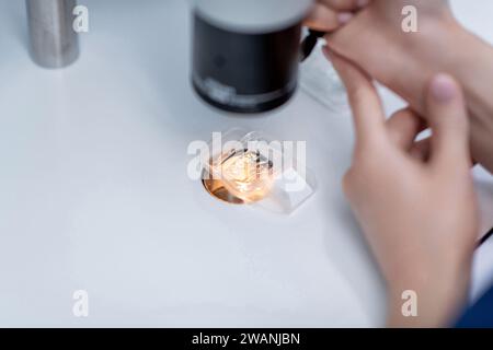 Arzt im Labor. Der Befruchtungsprozess der Eizelle durch Embryologen im Labor der in-vitro-Fertilisation. Stockfoto