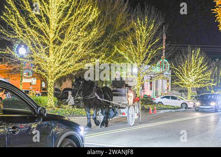 Prattville, Alabama, USA-Dez. 12. 2023: Pferdekutschenfahrten durch die Lichter der Innenstadt von Prattville während der Weihnachtsveranstaltung an der Main Street. Stockfoto