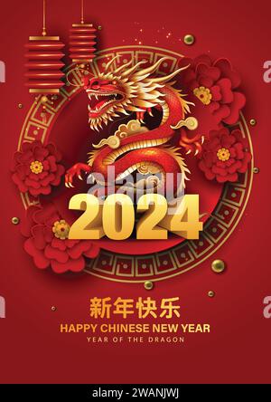 Glückliches chinesisches Neujahr 2024 Sternzeichen des Drachen mit Blume 3d Buchstabe. Abstraktes Vektor-Illustrationsdesign (Übersetzung : Happy New Year) Stock Vektor