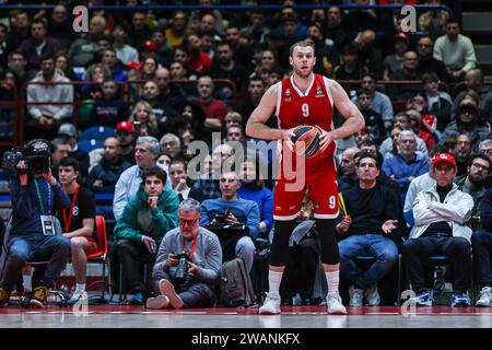 Mailand, Italien. Januar 2024. Nicolo Melli #9 der EA7 Emporio Armani Milan wurde während der regulären Saison 2023/24 in Aktion zwischen EA7 Emporio Armani Milan und FC Bayern München im Mediolanum Forum gesehen. ERGEBNIS : EA7 Mailand 76 | 62 Bayern M. Credit: SOPA Images Limited/Alamy Live News Stockfoto