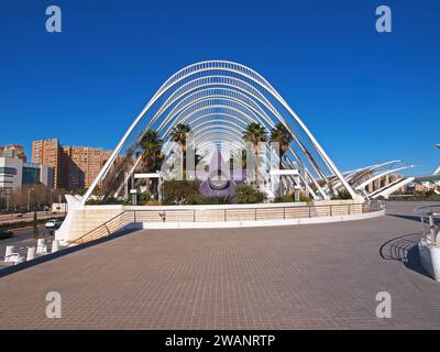 VALENCIA, SPANIEN - 1. MÄRZ 2019. L'Umbracle, Palmenallee in der Stadt der Künste und Wissenschaften Stockfoto