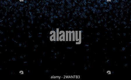 Binäres Bit 0 1 blau fallende Streuscheibe mit schwarzem Hintergrund Stockfoto