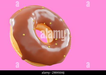 Schokoladen-glasierter Donut mit Streuseln auf rosa Hintergrund. 3D-Darstellung und Illustration von Gebäck und Süßwaren Stockfoto