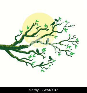 Zweigbaum mit Vögeln und Mondvektorillustration Stock Vektor