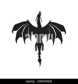 Silhouette der fliegenden Drachenvektorillustration, stilisiertes Bild der Drachen in Schwarz-weiß. Stock Vektor