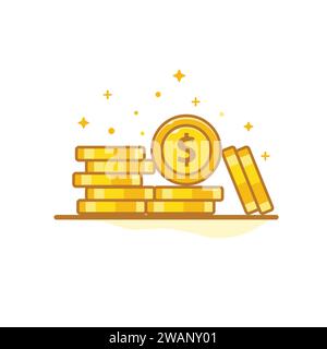 Goldene Münzen stapeln mit Münze vor ihm Vektor flache Illustration isoliert auf weißem Hintergrund. Goldmünzen im Cartoon-Stil. Saldengewinn, Einkommen Stock Vektor