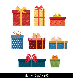 Geschenkboxen Set. Geschenke und Pakete mit Bändern und Bögen Vektor Illustration Stock Vektor