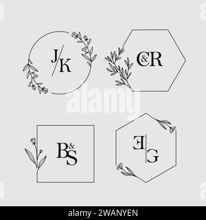 Einfacher Blumenrahmen mit Anfangsbuchstaben, Blumendekoration für Grußkarte oder Hochzeitsmonogramm Farbe Stock Vektor