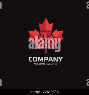 Lion Ahornblatt Logo Vektorkonzept, Ahornblätter kombiniert mit einem Löwengesicht im Stil eines negativen Raumes Stock Vektor