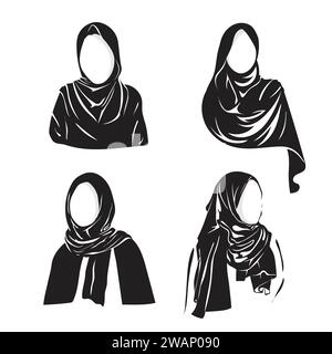 Vektor-Silhouettenzeichnung der muslimischen Frau mit Hijab. Set von eleganter muslimischer Mode-Logo-Vorlage, Stock Vektor