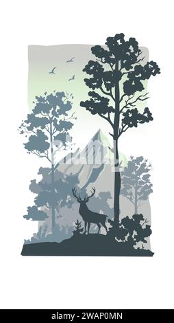 Wilde Elche im Wald mit Vektor-Illustration der Berglandschaft, wilde Abenteuer Elche in der Wildnis Stock Vektor