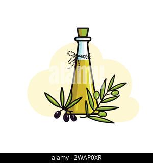 Glasflasche Olivenöl und Oliven mit Blättern. Abbildung in flacher Ausführung Raster. Stock Vektor